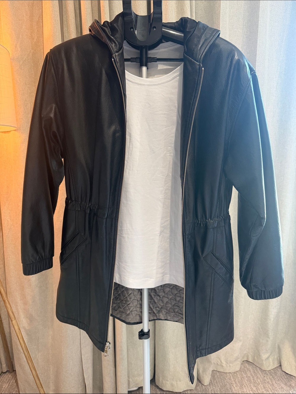 Wilsons 100% Leather Black Hooded Coat with Elastic Waist